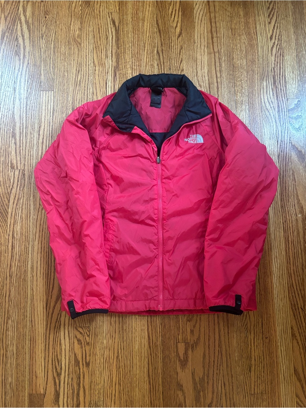 The North Face Womens Pink/Red Packable Puffer Jacket with Black Collar